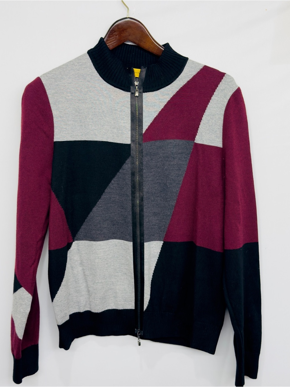 ST. JOHN VTG 100% Wool Zip Front Knit Jacket Geometric Colorblock Medium